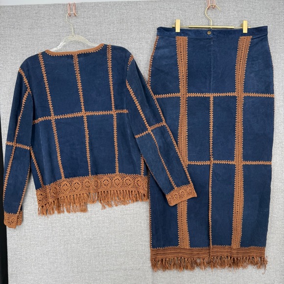 Vintage Lew Magram Suede Skirt Set Women 14 Blue Crochet Fringe Boho Western - Picture 2 of 16